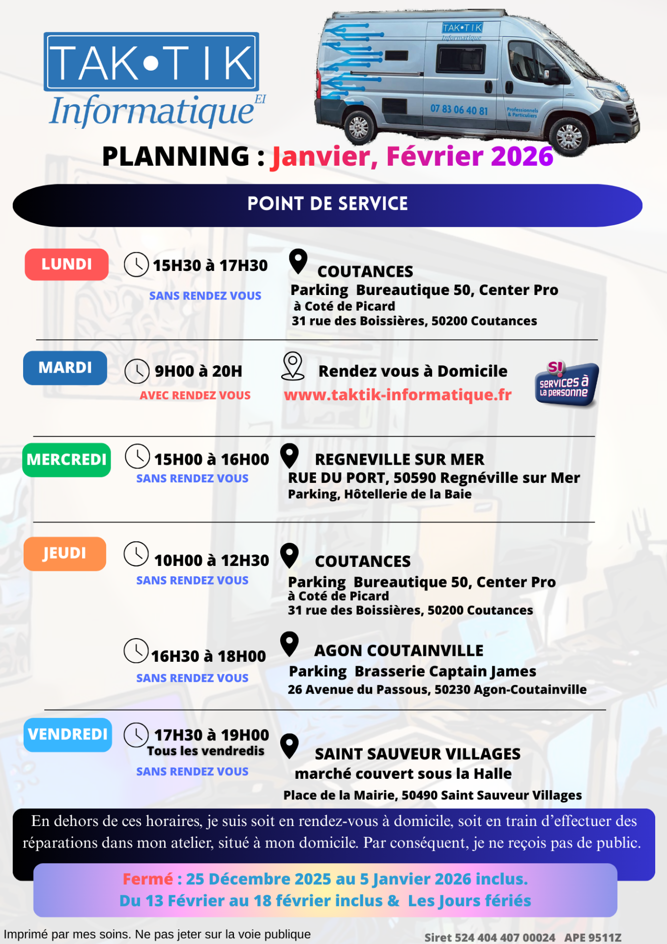 Planning Janvier Février 2026