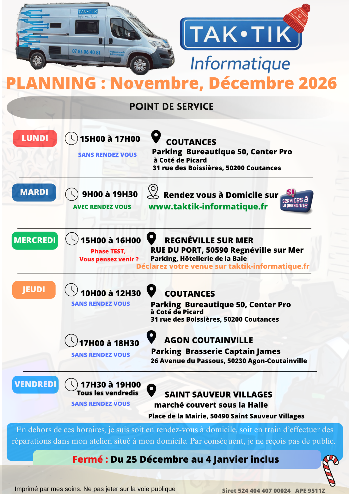 Flyer des horaires Taktik Informatique novembre décembre 2026