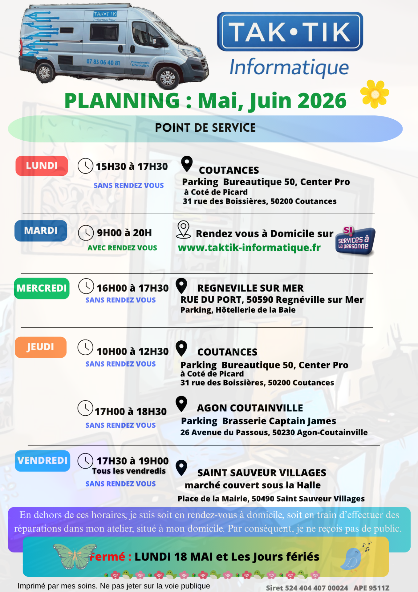 Planning Taktik Informatique mai juin 2026